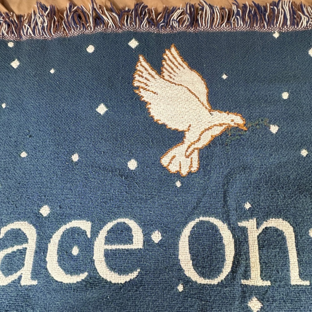 Peace on Earth Woven Tapestry Throw Blanket Lion Lamb Dove 70x47 Blue Vintage - Picture 6 of 8